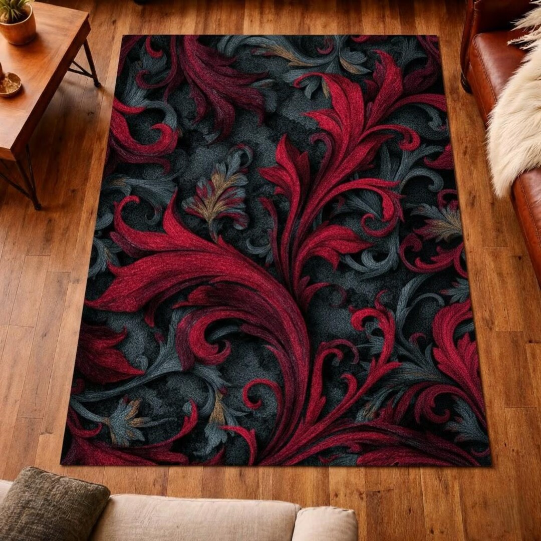 Gothic Baroque Area Rug, Dark Red Floral Scroll, Vintage Style - Etsy