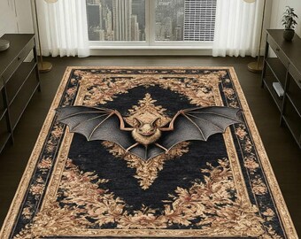 Gothic Bat Floral Rug, Dark Victorian Baroque Carpet