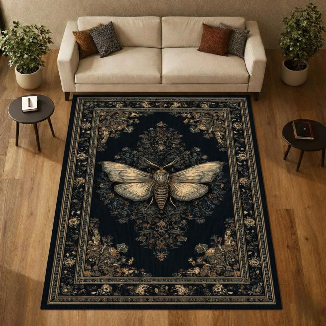 Moth Pattern Rug Gothic Moth Botanical Dark Rug Vintage Floral Insect Design - Etsy