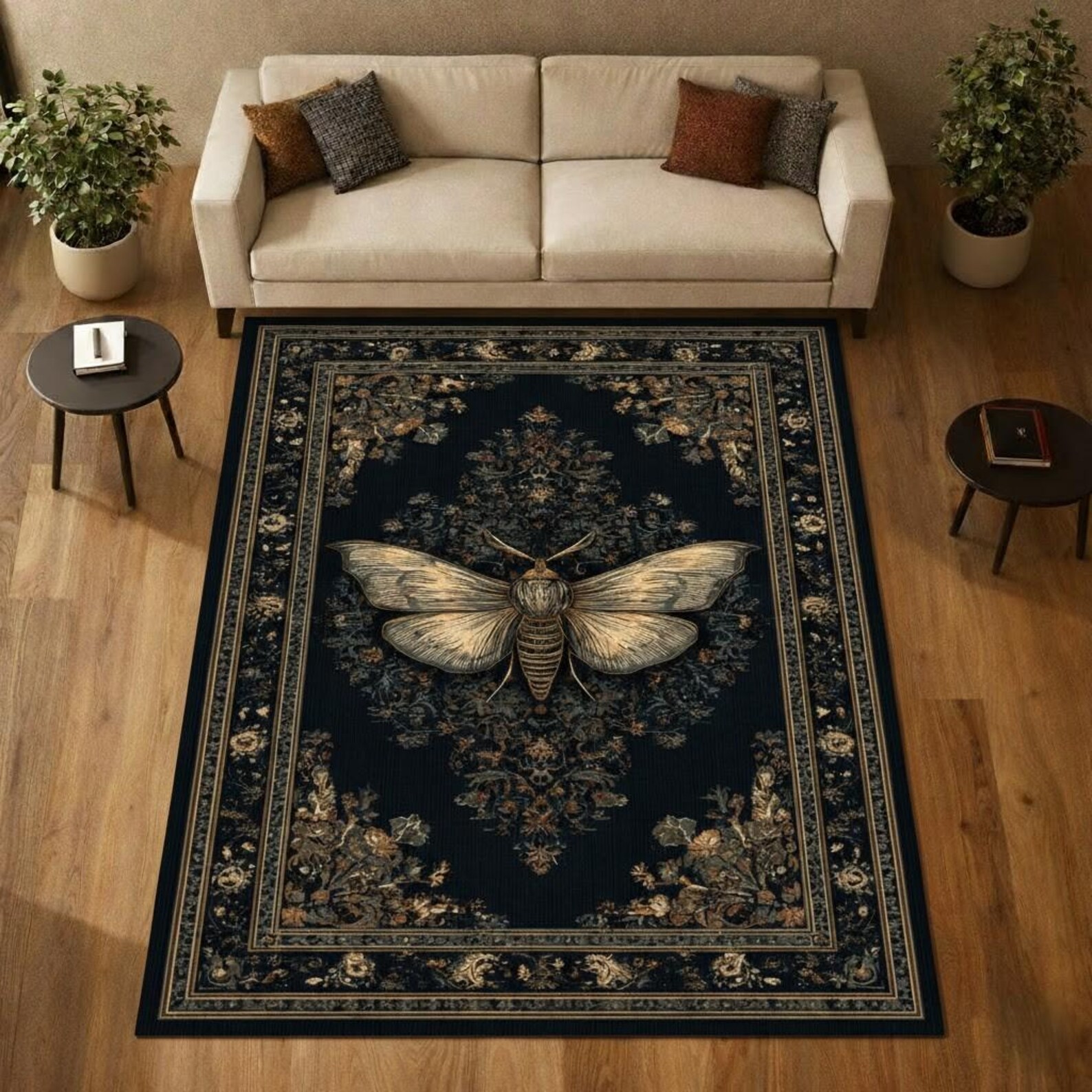 Modern Black Insect Rug Gothic Moth Botanical Dark Rug Vintage Floral Insect Design - Etsy