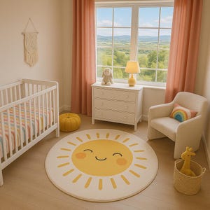 May include: A nursery scene with a white crib, a round rug with a smiling sun design, and a white dresser. A beige armchair with a rainbow pillow sits near a window with peach curtains. A plush bunny and a yellow lamp are on the dresser.