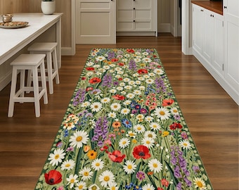 Wildflower Meadow Floral Runner Rug, Botanical Kitchen Hallway Carpet