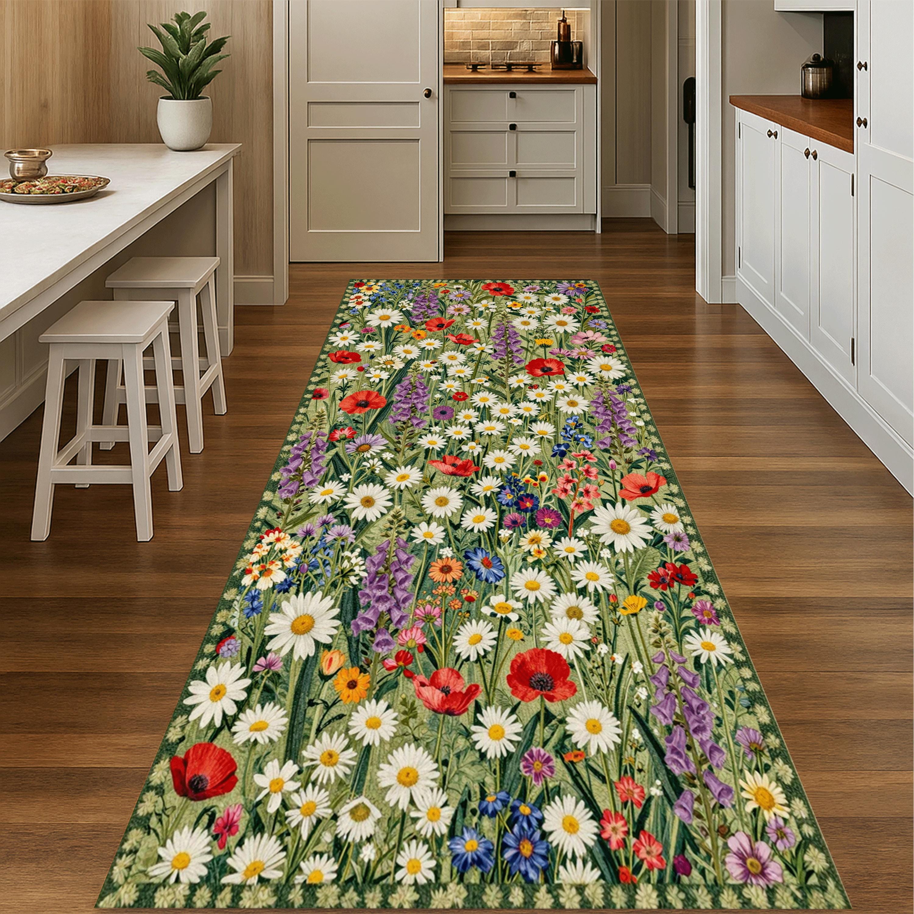 Wildflower Meadow Floral Runner Rug, Botanical Kitchen Hallway Carpet ...