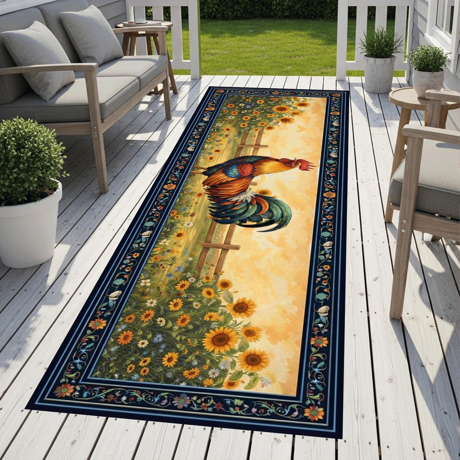 Rooster Sunflower Runner Rug, Farmhouse Kitchen Hallway Country Decor ...