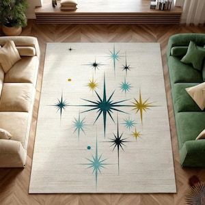 Mid Century Modern Area Rug, Retro Geometric Starburst Carpet