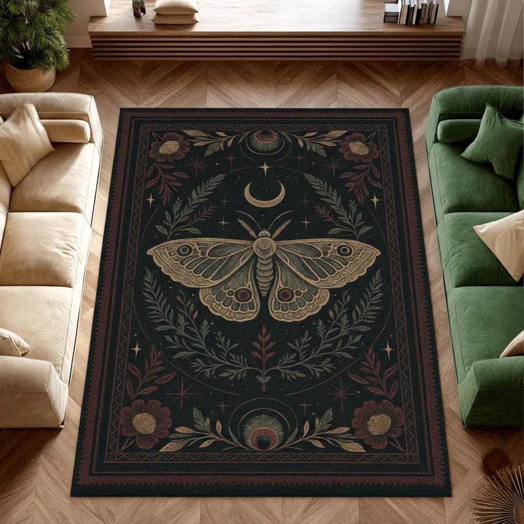 Moth Area Rug Gothic Moth Area Rug: Celestial Moon & Stars, Witchy Decor - Etsy