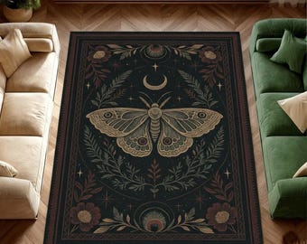 Gothic Moth Area Rug: Celestial Moon & Stars, Witchy Decor