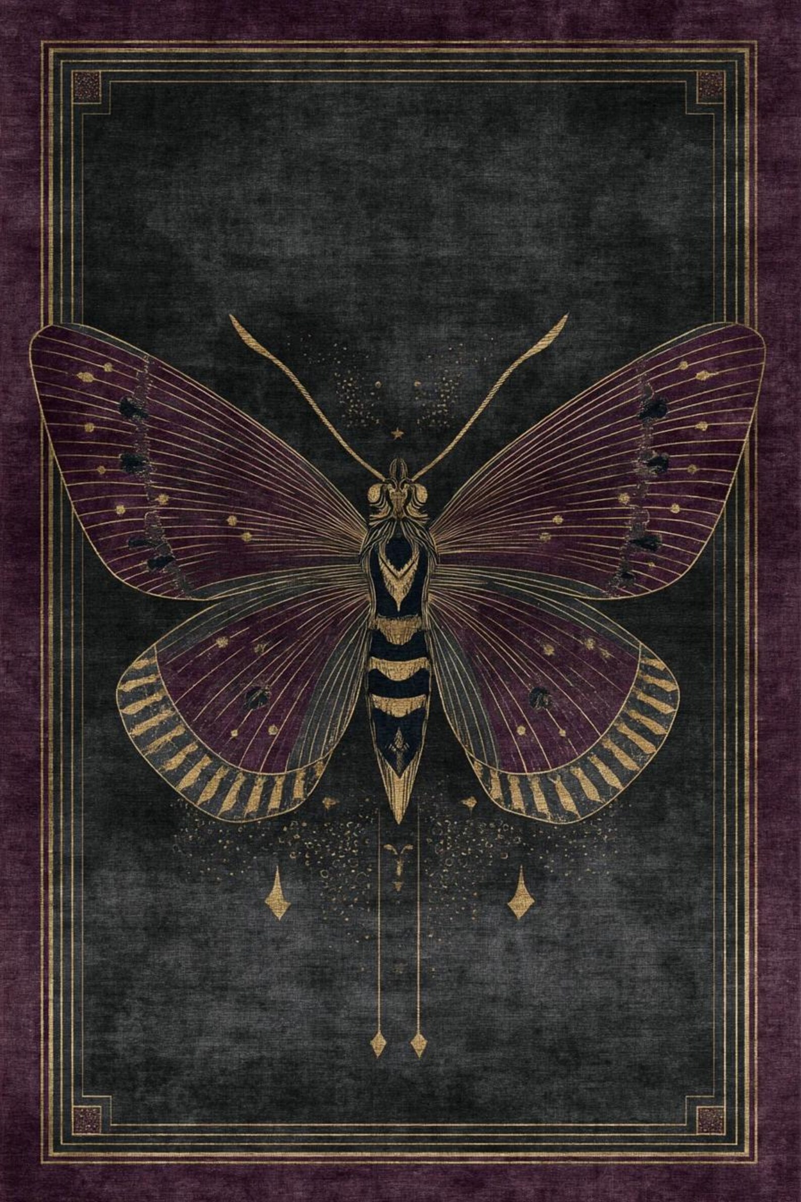 Gothic Moth Area Rug With Dark Botanical Art and Vintage Gold Details ...