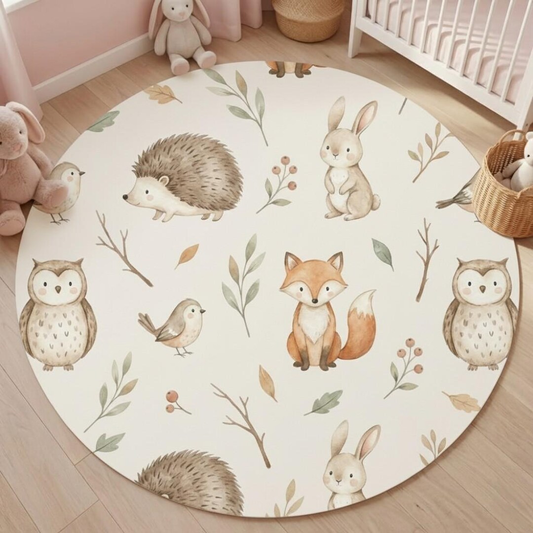 Hedgehog Rug Woodland Animals Round Nursery Rug – Fox, Owl, Hedgehog - Etsy