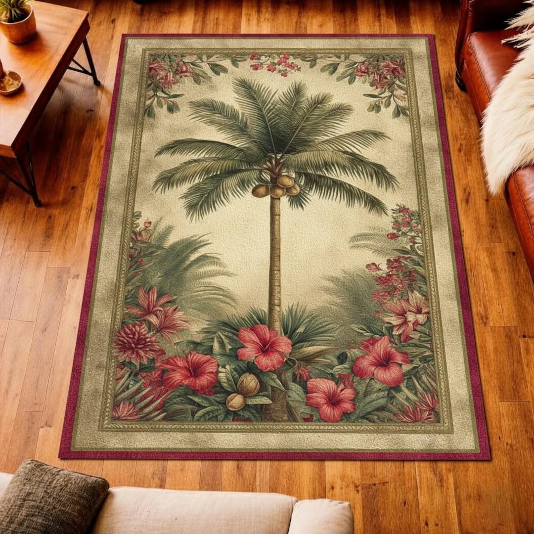 Tropical Palm Tree Area Rug, Vintage Botanical Floral Carpet - Etsy