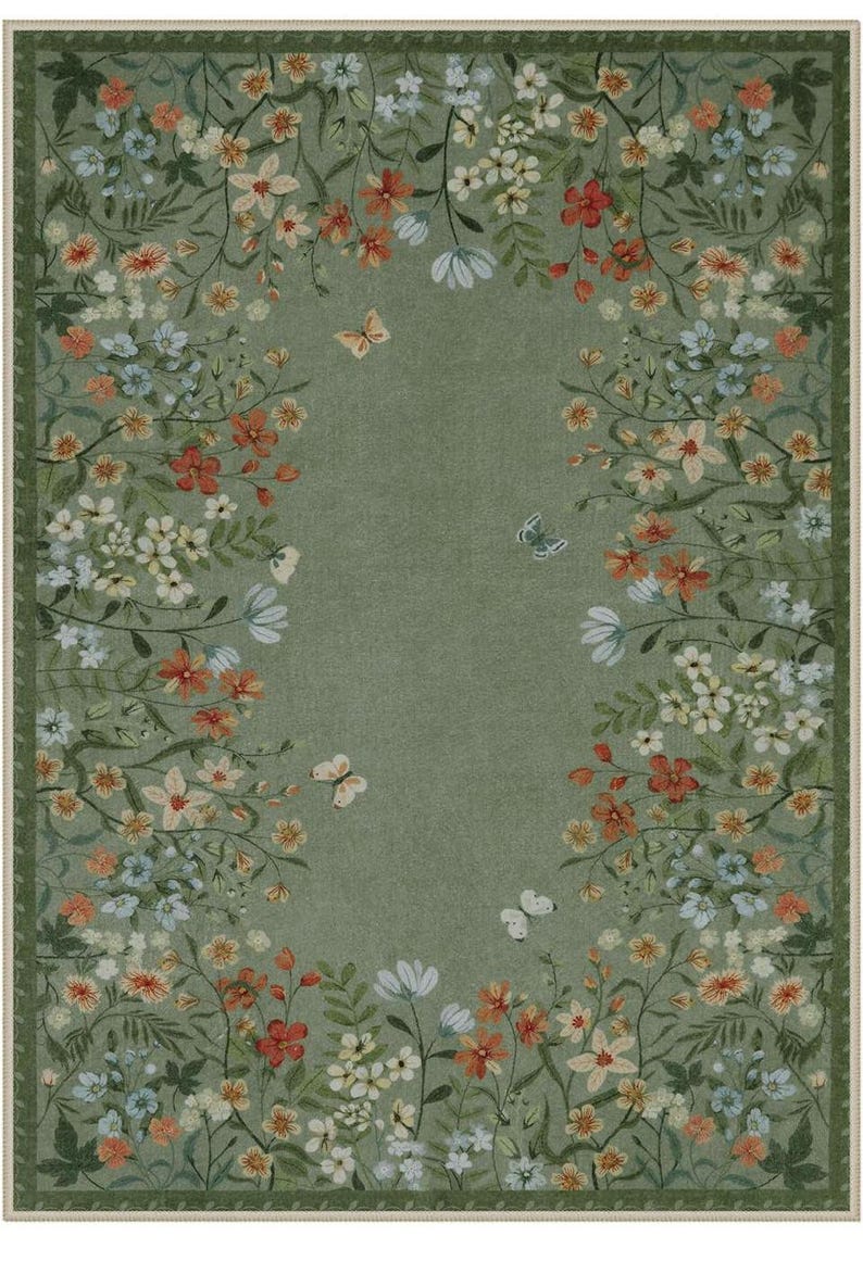 Green Floral Area Rug: Botanical Garden Vintage Style Carpet - Etsy