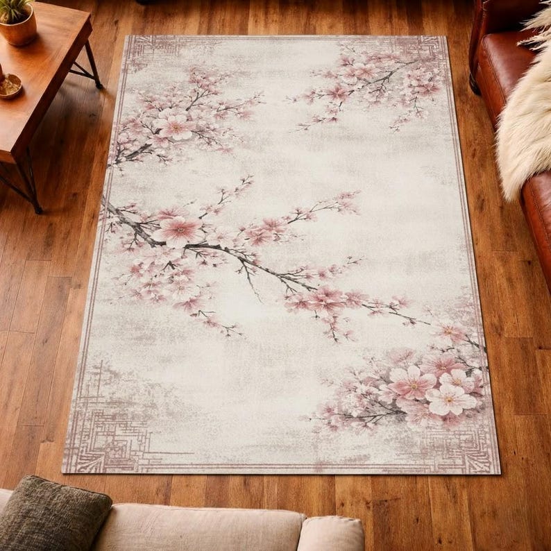 Cherry Blossom Area Rug, Japanese Floral Design, Pink Beige - Etsy