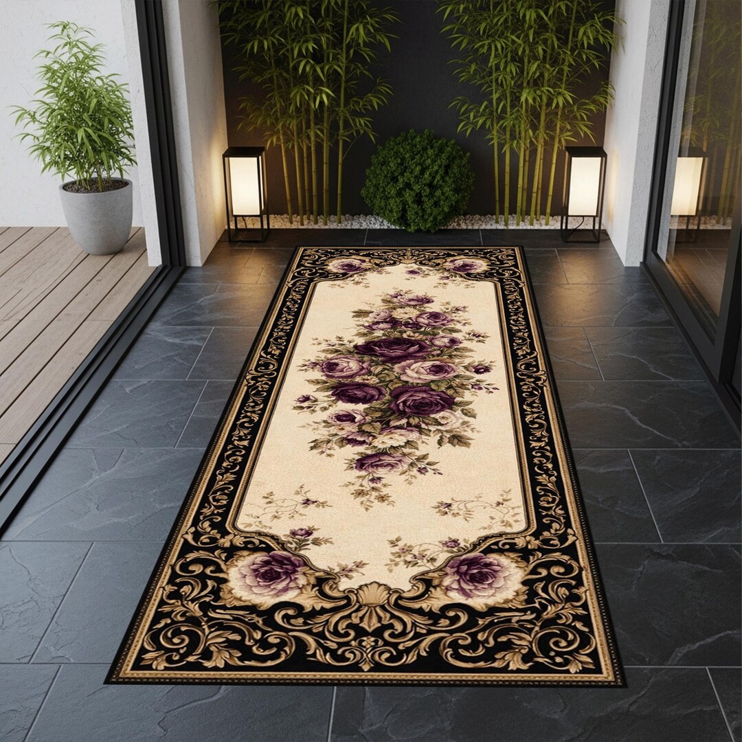 Vintage Rose Runner Rug, Floral Border Carpet, Classic Hallway Floor ...