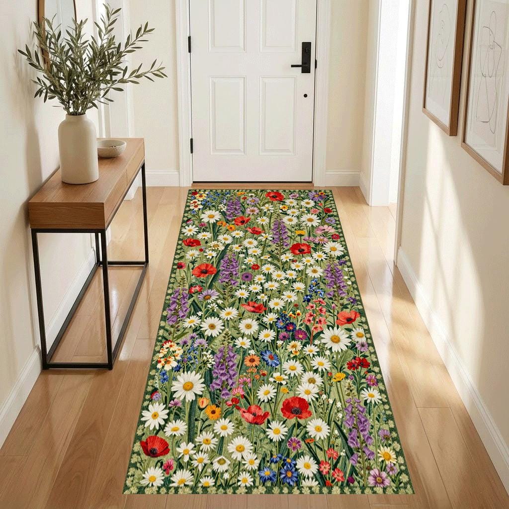 Wildflower Meadow Floral Runner Rug, Botanical Kitchen Hallway Carpet ...
