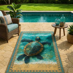 May include: A rectangular outdoor rug featuring a mosaic-style sea turtle design in shades of blue, green, and tan. The rug is bordered with a blue and gold pattern, and is placed on a stone patio near a pool and wicker furniture.