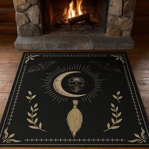 Crescent Moon Skull Rug, Gothic Witch Carpet, Dark Occult Decor, Halloween Room Mat, Gothic Living Room Rug, Mystic Witchy Floor Art