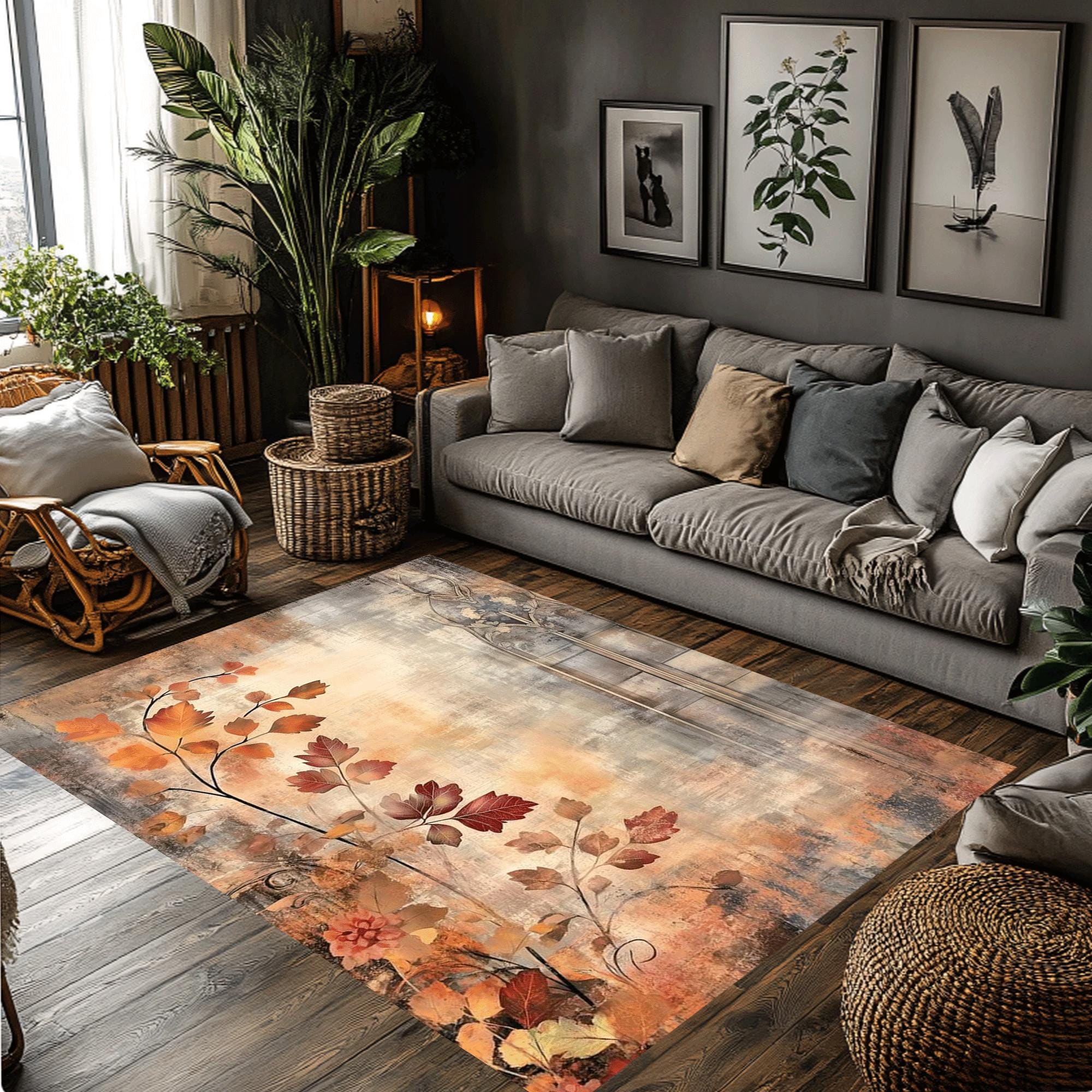 秋の葉のエリアラグ：ヴィンテージで素朴なボヘミアン風フロアマット