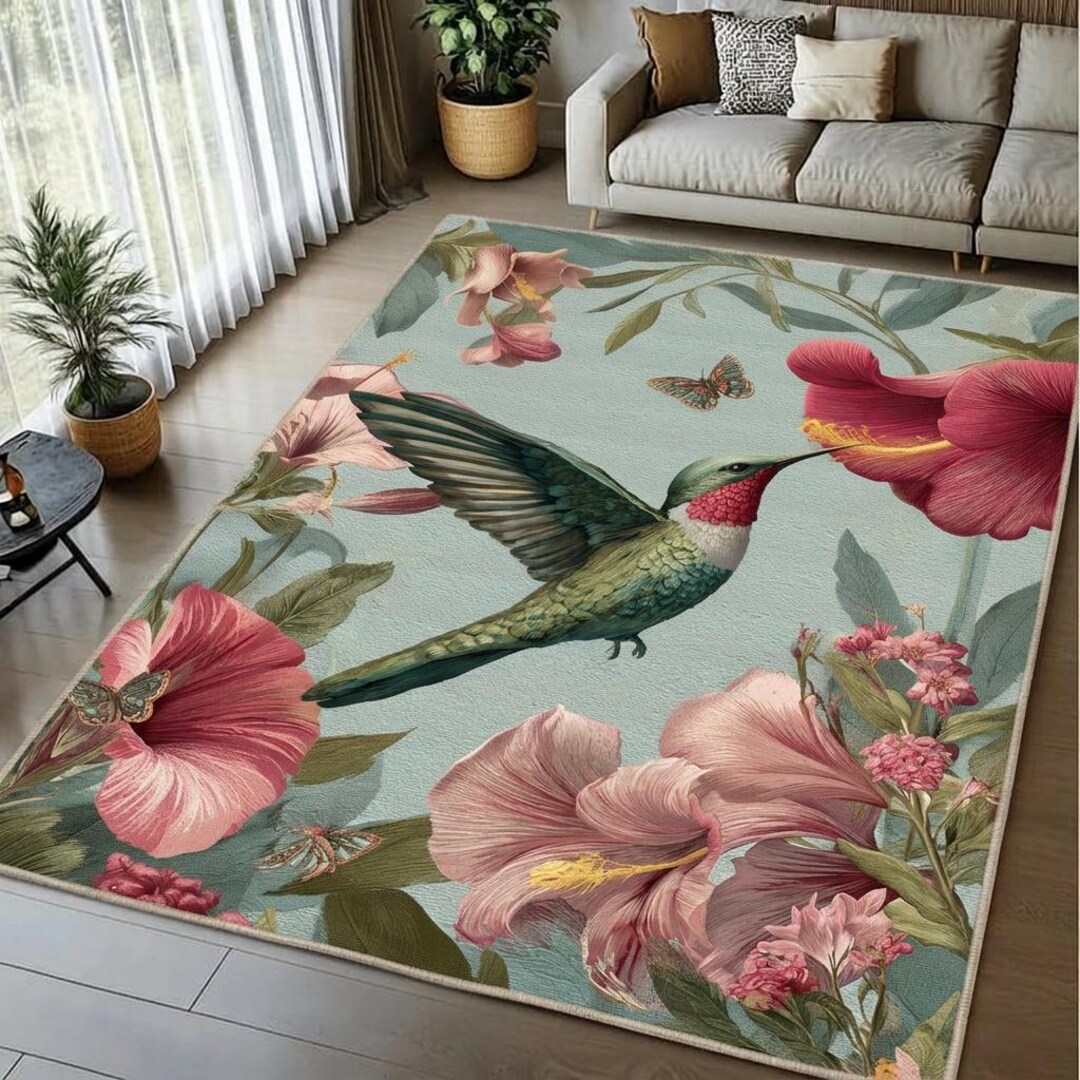 Round Hummingbird Rug Hummingbird Floral Rug Vintage Botanical Bird Area Carpet - Etsy