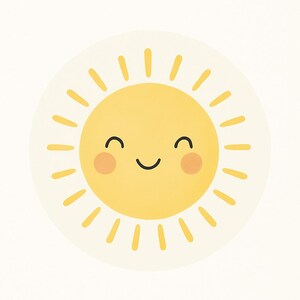 May include: A cheerful, cartoon-style sun illustration. The sun features a yellow center with a smiling face, rosy cheeks, and radiating yellow rays. The design is set against a soft, off-white background, creating a bright and friendly aesthetic.