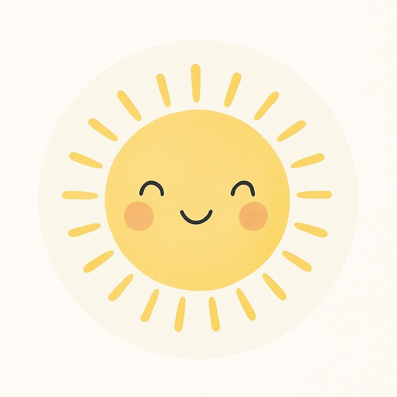 May include: A cheerful, cartoon-style sun illustration. The sun features a yellow center with a smiling face, rosy cheeks, and radiating yellow rays. The design is set against a soft, off-white background, creating a bright and friendly aesthetic.
