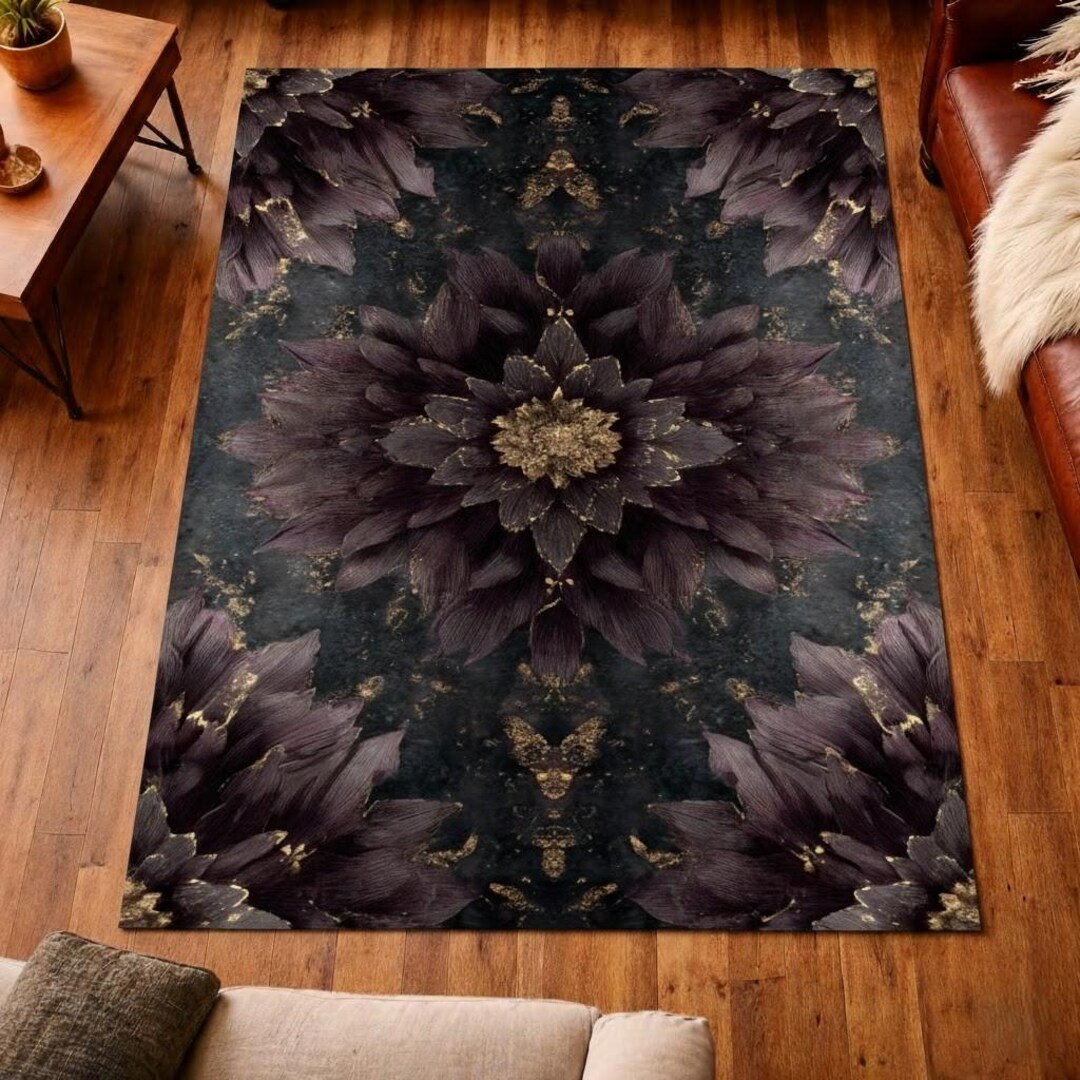 Dark Botanical Floral Area Rug, Gothic Flower Pattern Rug, Vintage ...