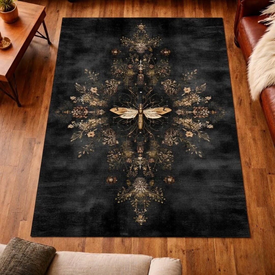 Moth Area Rug Dark Botanical Moth Rug, Gothic Floral Area Rug, Vintage Nature Carpet ...