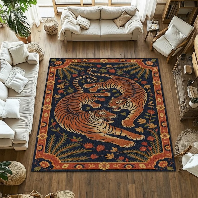 Vintage Tiger Area Rug: Oriental Jungle Style, Exotic Decor - Etsy