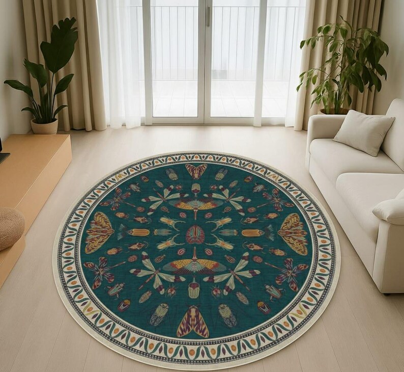 Teal Insect Rug Teal Insect Mandala Round Rug: Boho Botanical Moth & Butterfly Carpet ...