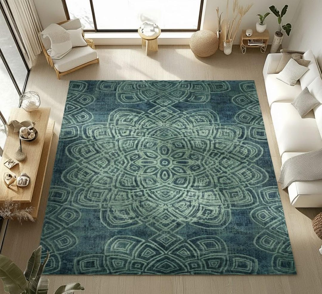 Teal Mandala Area Rug: Boho Geometric Medallion, Modern Carpet - Etsy