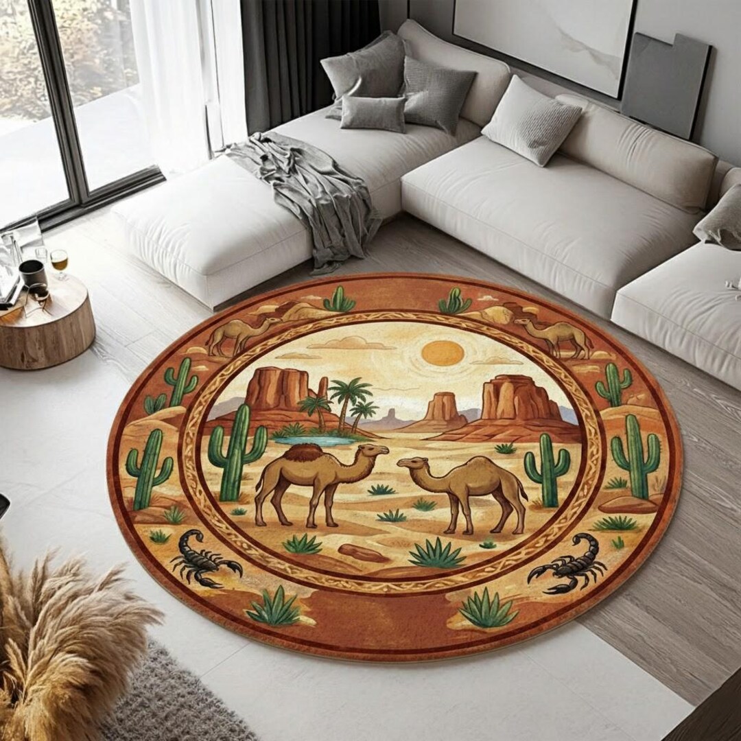 Desert Camel Round Rug • Southwestern Cactus Carpet • Boho Western Area ...