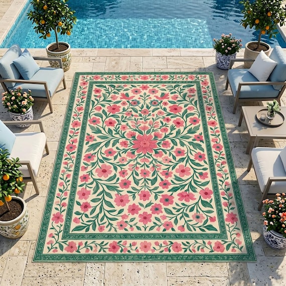 Floral Teppich: Rosa & Grün Botanischer Vintage Stil, Outdoor Teppich