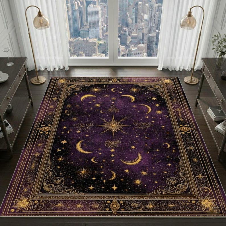 Astral Rug Pattern Purple Celestial Area Rug: Gothic Moon & Star Design - Etsy