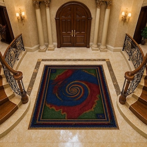 Colorful spiral rug, abstract modern area carpet, psychedelic boho floor mat, living room statement decor, unique art inspired rug