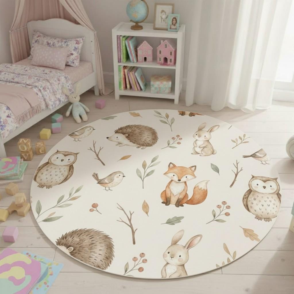 Hedgehog Rug Woodland Nursery Round Rug – Forest Animals Carpet, Baby Room Fox Owl ...