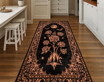 Gothic Rose Moon Runner Rug, Dark Botanical Hallway Carpet