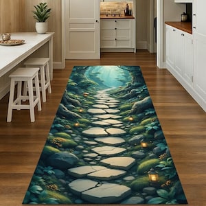 May include: A long, rectangular rug featuring a whimsical forest path design. The rug depicts a stone pathway winding through a lush, green forest with glowing lanterns. The color palette includes shades of green, blue, and brown, creating a serene and inviting atmosphere.