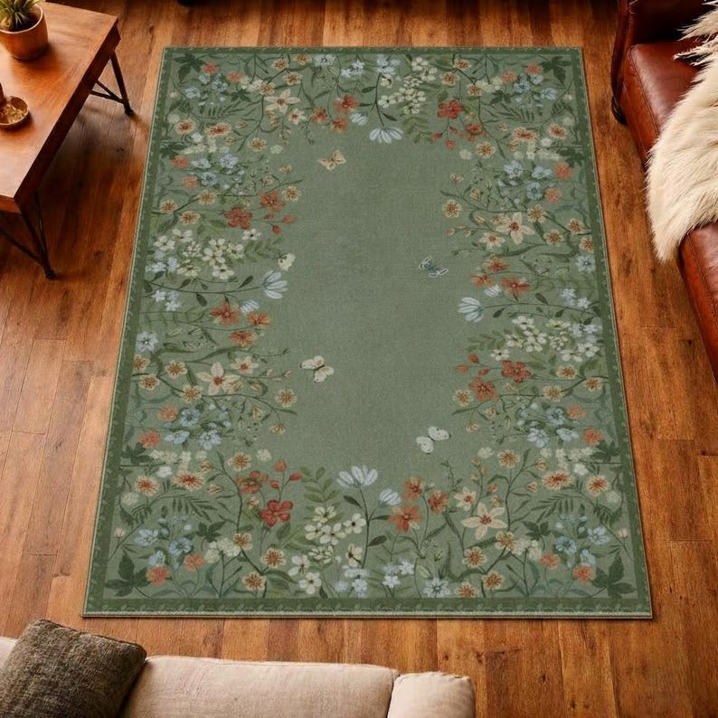 Green Floral Area Rug: Botanical Garden Vintage Style Carpet - Etsy