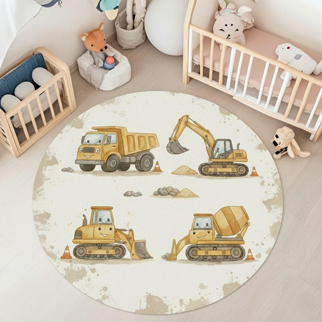 Vechiles Abc Rug Construction Vehicles Round Rug – Boys Nursery Carpet | Truck Kids Room ...