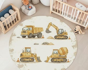 Construction Vehicles Round Rug – Boys Nursery Carpet | Truck Kids Room Decor