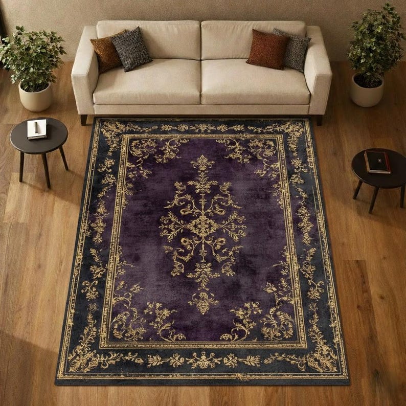 Vintage Purple Gothic Rug, Antique Gold Floral Area Rug, Dark Victorian ...