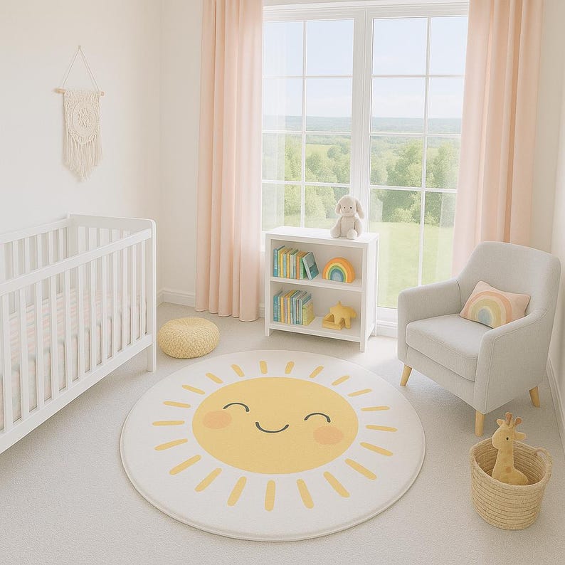 May include: A nursery room with a white crib, a gray armchair, and a white bookshelf. A round rug with a smiling sun design is on the floor. The room has pink curtains and a window overlooking a green landscape.