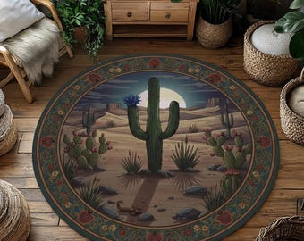 Desert Cactus Round Rug – Southwestern Boho Polyester Carpet
