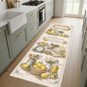 Puede incluir: Una alfombra de cocina rectangular con un diseño rústico que presenta limones, flores y utensilios de cocina. La alfombra tiene el texto "Welcome to our Kitchen" y "Fresh & Homemade". La paleta de colores incluye blanco, amarillo, verde y marrón.