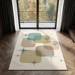 May include: A mid-century modern area rug with a cream background. The rug features large, rounded square shapes in shades of blue, green, and brown, along with starburst designs in various colors. The rug is placed on a hardwood floor.