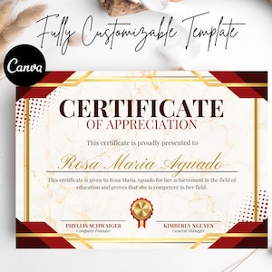 May include: A certificate of appreciation template with a marble background, gold accents, and burgundy borders. The certificate includes the text "Certificate of Appreciation" and the name "Rosa Maria Aguado". The Canva logo is in the upper left corner.