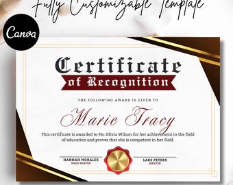 Recognition Certificate Template Canva | Editable Award Certificate | Printable Achievement Certificate, Custom Certificate Instant Download