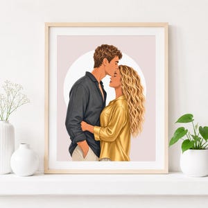 May include: A framed digital illustration featuring a person with short brown hair wearing a dark gray button-down shirt and light pants kissing the forehead of a person with long wavy blonde hair wearing a gold button-down shirt.