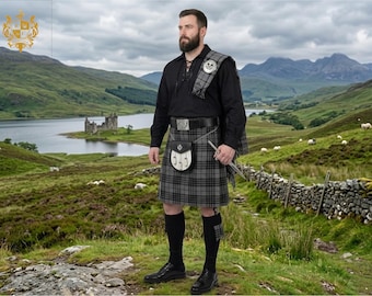 Traditionele Schotse kiltoutfit voor heren – Grijze geruite kilt, ghilliehemd, broche en accessoires set