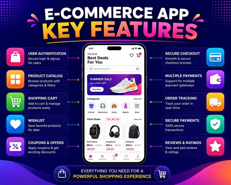 May include: An infographic titled E-COMMERCE APP KEY FEATURES displaying a smartphone interface with a summer sale banner, product categories, and flash deals. Surrounding the phone are ten icons with labels for user authentication, catalog, cart, wishlist, coupons, secure checkout, payments, tracking, and reviews.