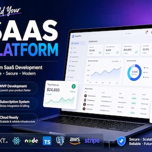 Puede incluir: Un portátil que muestra un panel de plataforma SaaS con gráficos de datos, métricas de ingresos y estadísticas de usuario. El texto incluye Build Your SAAS PLATFORM, Custom SaaS Development, MVP Development, Subscription System, Cloud Ready.